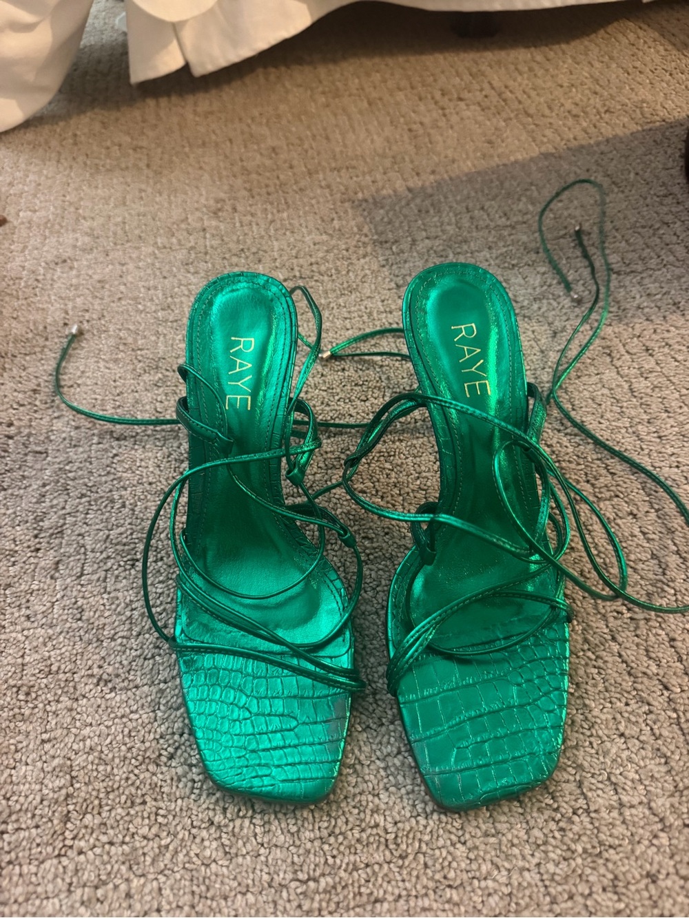RAYE Metallic Emerald Lace-Up Croc-Texture Heels